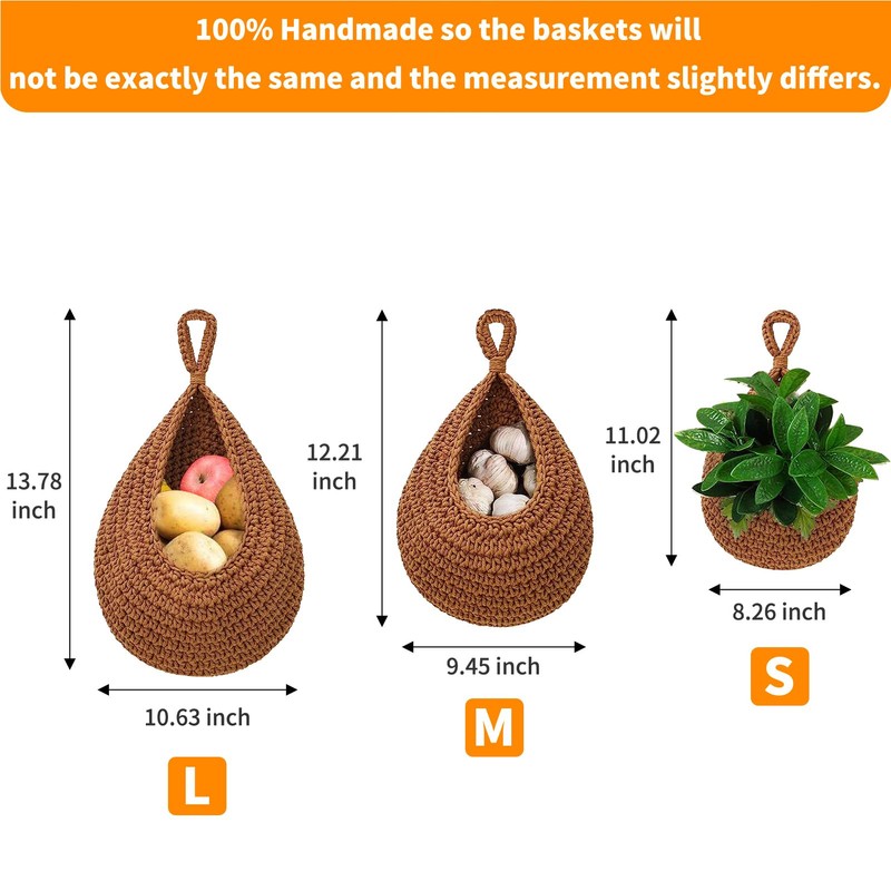 Teardrop Fruit Vegetable Baskets for kitchen, Boho Handwoven Wall Jute