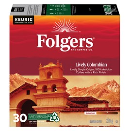 Folgers Lively Colombian Medium Roast Coffee, Single-Serve K-Cup Pods For Keurig Coffee Makers, 30 Count