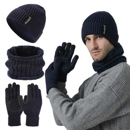 FUBABCO Winter Hat Scarf Gloves Set Men's Warm Beanie Hat Loop Scarf and Touchscreen Gloves Set with Fleece Lining Knitted Hat Winter Scarf and Thermal Gloves for Ski 3-in-1 Winter Set, navy