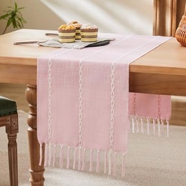 YZJZEDS - Camino de mesa trenzado de granja, color rosa trenzado, 13 x 72 pulgadas, camino de mesa de lino de algodón de 72 pulgadas de largo, bordado a rayas rosas, decoración rústica para el hogar