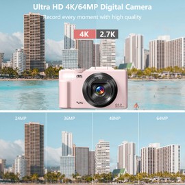 Digital Camera for Photography, 4K Vlogging Camera for YouTube 3" 180° Flip Screen 18X Digital Zoom Compact Cameras with 32GB TF Card & 2 Batteries, Pink