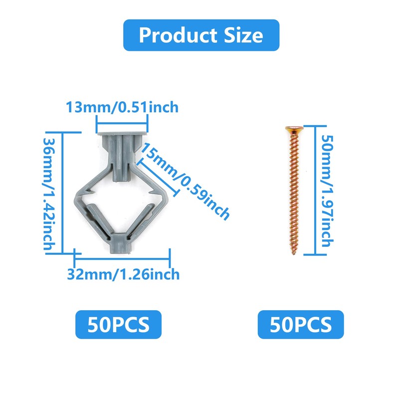 Pack of 50 Plasterboard Dowels with Screws, Cavity Dowels Butterfly,