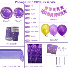 Purple Party Supplies Purple and Gold Decorations Set 25 Guests, Including Plates, Cups, Napkins, Straws, Banner, Tablecloths, Foil Curtains, for Wedding Graduation Mardi Gras Birthday Party