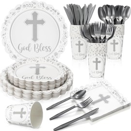 Zhehao 25 Sets Baptism Paper Plates Napkins Cups Cutlery Party Supplies Baptism Decorations God Bless Disposable Supplies for First Communion Newborn Baby Shower Christening Church(White)