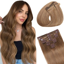 Clip in Hair Extensions Real Human Hair, Seamless Human hair Clip ins Extensions for Women Invisible Straight 8Pcs Double Weft Chestnut Brown 16inch 90g