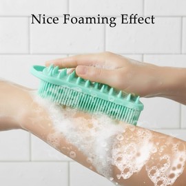 2 PCS Soft Silicone Body Scrubber, 2 in 1 Exfoliating Shower Bath Scrubber, Silicone Loofah Bath and Shampoo Brush Body Shower Use Shower Hair Scalp Massager, Easy to Clean, Lather Well (Black&Green)