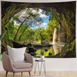Hoisy Nature Tapestries, Green Forest Tapestries Waterfall Cave Jungle Tapestry Wall Hanging Forest Wall Decor 200X150 cm