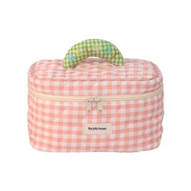 Yucenora Large Travel Quilted Makeup Bag, Cute Bow Cotton cosmetic bag, Travel Toiletry Make Up Organizer Bags for Women and Girls (Pink Grid)