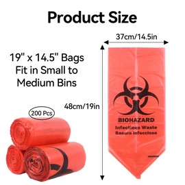 Klmnop 200 Pack Biohazard Waste Bags, 3 Gallon 4.57 x 18.9in Heavy-Duty Red Trash Bag, Medical-Grade Biohazard Waste Disposal Bags for Safety Waste Disposal(Red)