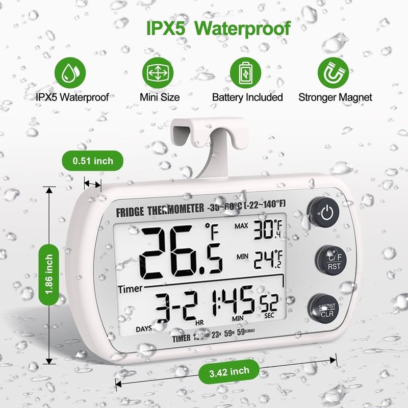 Digital Refrigerator Thermometer 2 Pack, Waterproof Fridge Thermometer, 2.25IN Large