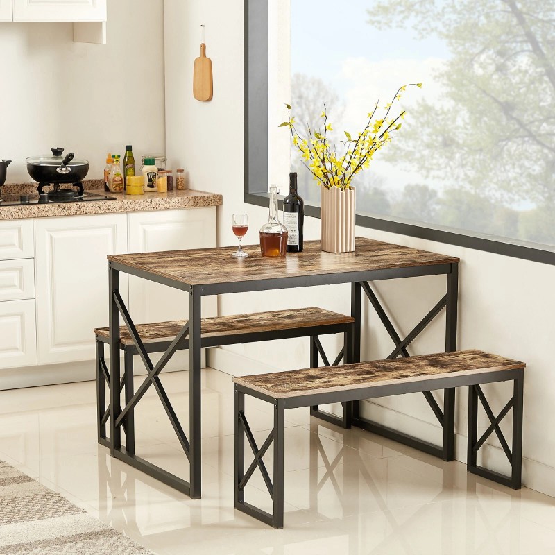 VECELO Wood Dining Table Set for 4 with Bench Kitchen