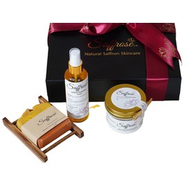 SaffroseLA Beauty Gift Set 3pc inc Glycerin Facial Cleansing Soap, Saffron & Rose Facial Scrub, Saffron & Rose Facial Mist Spray Toner