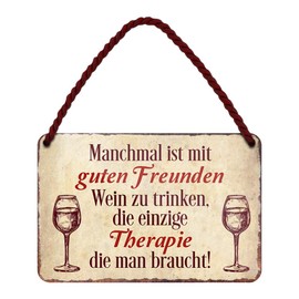 Wine Therapy Tin Sign - Funny Wine Saying for Wine Connoisseurs and Lovers - Unusual Retro Decorative Metal Sign with Cord and Suction Cup - Creative Gift Idea for Wine Lovers - 18 x 12 cm