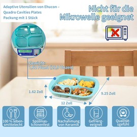 Ehucon Non-Slip Adaptive Scoop Plate with Extra Wall, Leak-proof Melamine Bowl for Elderly/Disabled/Hand Tremors for Self-Feeding (4 Compartment Plate-1 Piece)