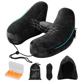 Nackenkissen Aufblasbares Reisekissen, Nackenkissen Flugzeug mit Kapuze, Tasche, Schlafmaske, Ohrstöpseln, Schnell aufblasbares Nackenkissen Reise unterstützt bequem Kopf, Nacken und Kinn (Schwarz)