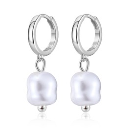 Pearl Drop Earrings for Women, 925 Sterling Silver Huggie Hinged Hoop Dangle Earrings Hypoallergenic Irregular Pearl Drops Earrings Jewellery Gifts for Ladies Girls