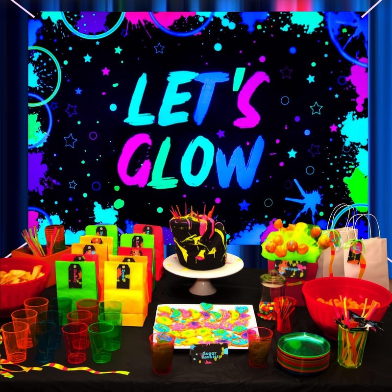 Glow Neon Birthday Backdrop - Let's Glow Banner for Black