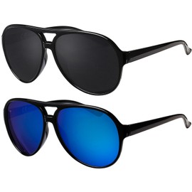 La Optica Original UV400 Unisex Retro Pilot Sunglasses - Different Colours, Single / Twin Packs - Twin Pack Glossy Black (lenses: 1 x grey, 1 x blue mirrored)