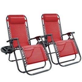 Kemon Zero Gravity Folding Lounge Outdoor Patio Adjustable Reclining Chair with Pillows and Cup Holders for Beach Set of 2, Red