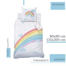 MTOnlinehandel Rainbow Bedding Set, Girls' Bed Linen, Children's Bed Linen, Very Happy Rainbow, Clouds, Stars, Hearts, Pillowcase 80 x 80 cm, Duvet Cover 135 x 200 cm, 100 Cotton