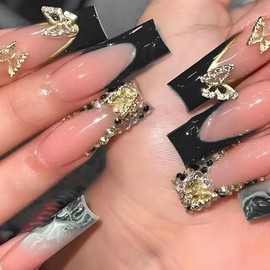 MISUD Press on Nails Long Square Fake Nails Glossy Glue on Nails Black French Tip Acrylic Nail Supplies Squoval Artificial Nail Art Butterfly Rhinestone Stick on False Nails with Design DIY 24 pcs