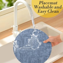 Purejoy Round Placemats and Coaster Sets 6, Christmas Table Mats PU Leather Heat-Resistant Washable and Non-Slip, ø35 cm Dinner Table Mats Set of 6 for Kitchen Mat Table Indoor (Blue)