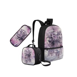 Xsehusvy Wolf Cute Backpack Set for Kids Portable School Bookbag Set with Insulated Lunch Box & Large Capacity Pencil Case Waterproof Adjustable Backpack for Age 8-16 Easy to Carry