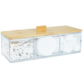 Acrylic Qtip Holder Dispenser with Wood Lid, 3 Compartment Cotton Ball Holder, Bathroom Organizer for Q Tip, Cotton Swab and Cotton Pad Holder, Vanity Storage Organization for Countertop and Drawer