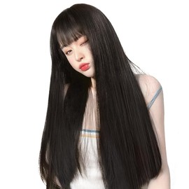 Vigorous Wig, Long, Black, Straight Black, Cross-Dressed Wig, Black Hair, Natural, Full Wig, Small Face, Mine, Korean Style, With Bangs, Heat Resistant Wig Net