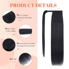 Benehair Real Hair Ponytail Extension, 100% Real Hair Braid Extensions, Wrap Around Ponytail for Women, Dark Black Ponytail Real Hair Hair Extensions, 45 cm, 90 g, #1