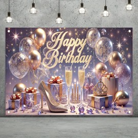 Starlit Patio Purple Gold Pink Glitters Birthday Backdrop Banner for Girl Women Photoshoot Happy Birthday Party Banner High Heels Champagne Pink Golden Balloons Decorations Photography Background