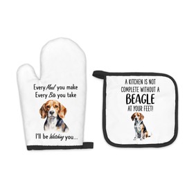 FIicy Beagle Gifts for Women Men, Dog Oven Mitts and Pot Holders Sets, Beagle Dog Decor Kitchen Accessories Sets, Complete Without a Beagle Dog Heat Resistant Oven Glove Potholders for Kitchen Baking