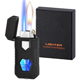 Torch Lighter, Cool Dual Flame Lighter Fashion Design, Refillable Butane Lighter with Visible Fuel Tank,Windproof Adjustable Soft Flame and Jet Flame Lighter for Men Lady (Without Butane)-Matte Black