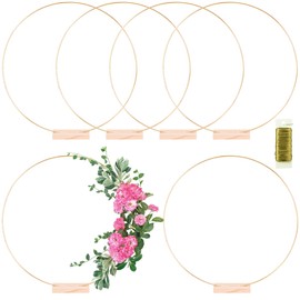 6 Pack Floral Hoop with Stand and 38-Yard Paddle Wire 24 Inch Metal Rings for DIY Centerpiece Table Decorations Crafts Macrame Rings Hoop Wreath Dream Catcher Rings Wedding Christmas Wreaths, Gold