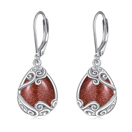 Moonstone Earrings for Women 925 Sterling Silver Filigree Moonstone Drop Earrings Leverback Jewellery Gifts, Sterling Silver, Gold Sand Stone