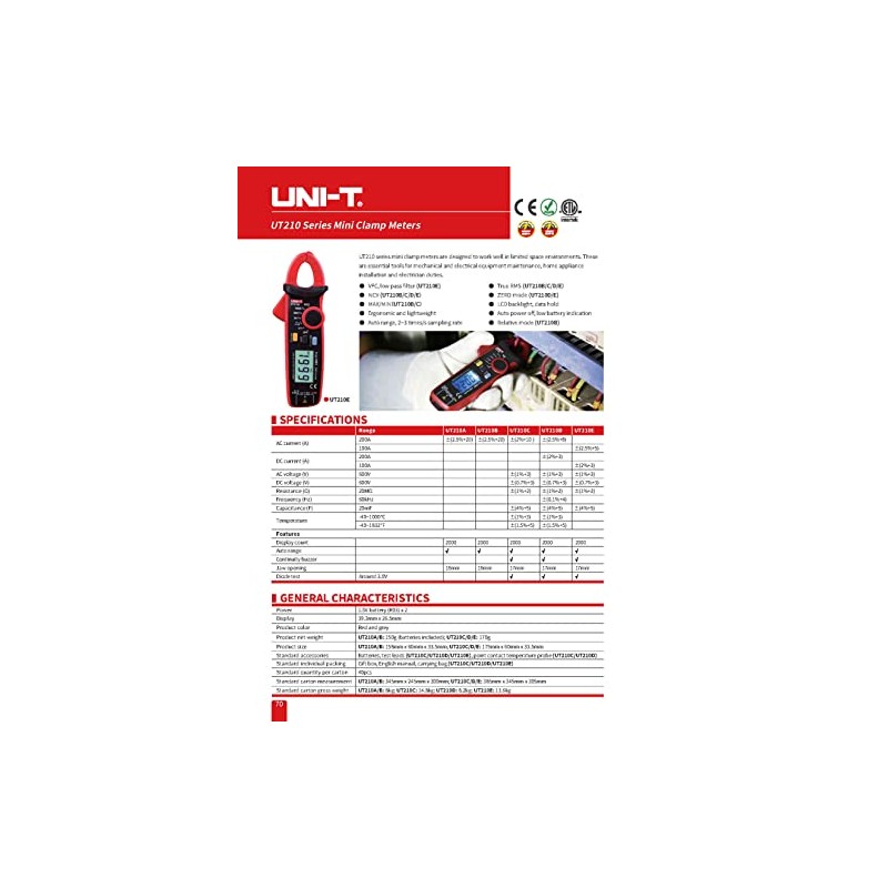 UNI-T UT210B Mini Clamp Meter - TRMS True RMS Measurement,