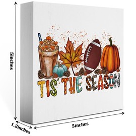 Fall Decor, Fall Decorations For Home Office, Fall Sign, Autumn Decorations, Autumn Football Pumpkin Maple-Leaf Decor, Tis' The Season Sign, Fall Desk Shelf Decor 5 X 5 Inch