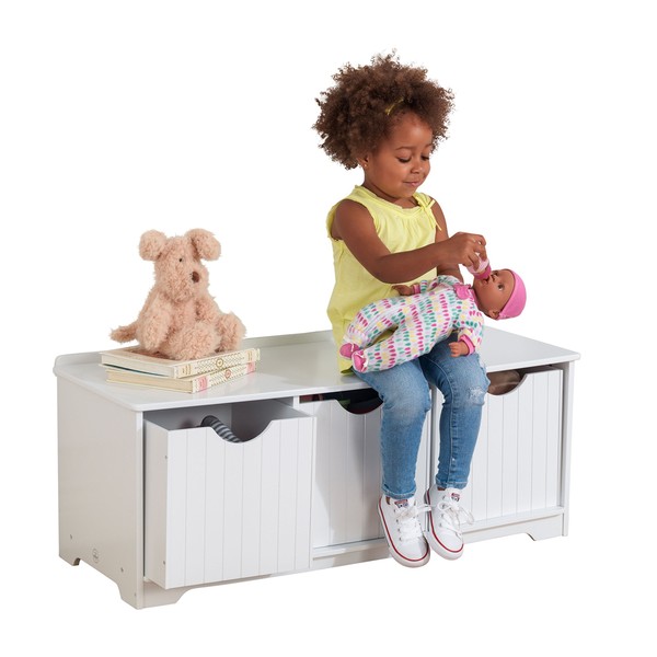 KidKraft Nantucket Wooden Storage Bench with Three Bins and Wainscoting Detail - White, Gift for Ages 3+