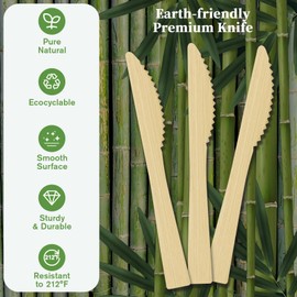 ECOLipak 300 Count Disposable Bamboo Knives, 6.7 Inch Bamboo Compostable Disposable Knives for Party, Wedding, Camping, Traveling, Family Dinners, Large Events