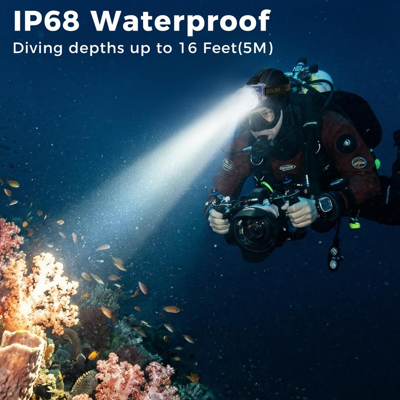 Venlon Rechargeable Diving Headlamp, 4 Modes Headlight with Battery Level