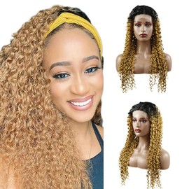 Weeybay Curly 4x4 Lace Front Wigs 1B/27 Black Root Honey Blond 100% Unprocessed HD Transparent Human Hair Wigs Ombre Blonde Color for Women 28 Inch