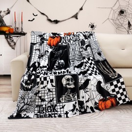 Halloween Black Gothic Throw Blanket Pumpkin Crow Festival Themed Blanket Cat Bat Skull Blankets Soft Cozy Flannel Fleece Bed Blankets for Couch Sofa Bed Lounging