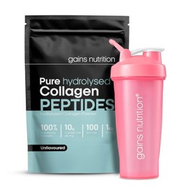 GN Hydrolysed Collagen Peptides Powder, Bovine, Unflavoured, Type I and III, 10g per Serving, 100 Servings, 1kg, with 600ml Pink Shaker