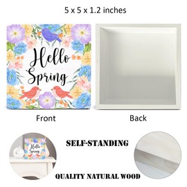 Spring Decor Farmhouse Hello Spring Wood Sign Floral Spring Decorations Country Home Table Desk Decor (5 x 5 Inches)
