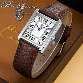 Pierre Lucerne Iconic Swiss Design 1888 Vintage Style Tank Mens Watch Brown Band