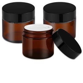 2 oz Amber Glass Jars with Lids, Bumobum 3 pack Small Jars with White Labels & Inner Liners, 60 ml Empty Round Cosmetic Containers for Sample, Powder, Cream, Lotion, Spice