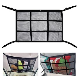 Car Ceiling Cargo Net,35.4″x 25.6″Adjustable Buckle Car Ceiling Storage,Double Layer Roof Mesh Camping Overlanding Gear Must Haves Cargo Net for SUVs,Van,Road Trip Essentials
