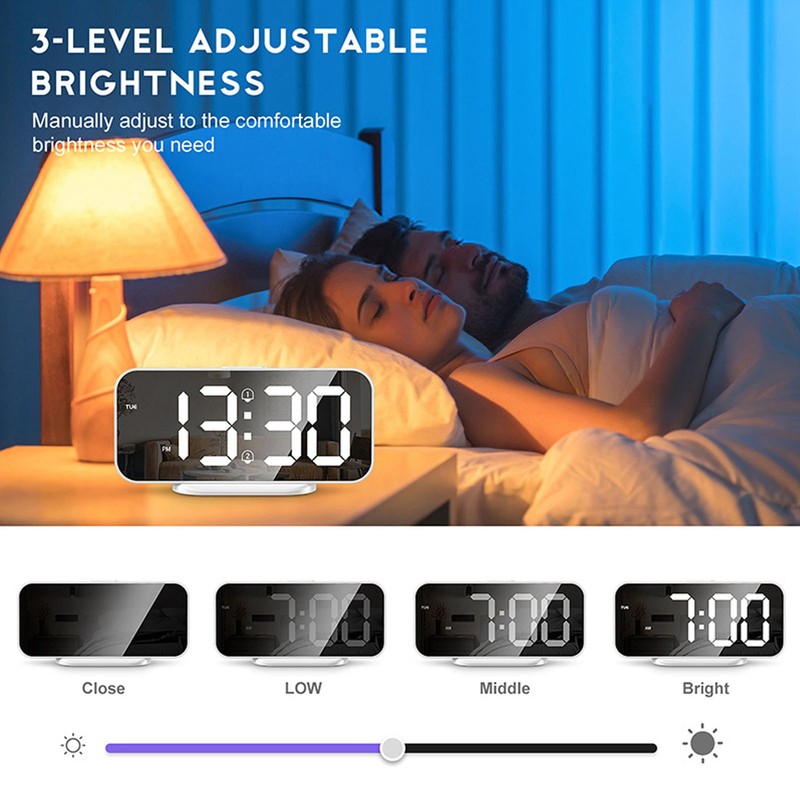 LED Mirror Electronic Clock Adjustable Brightness 6.7 Inch HD Digital