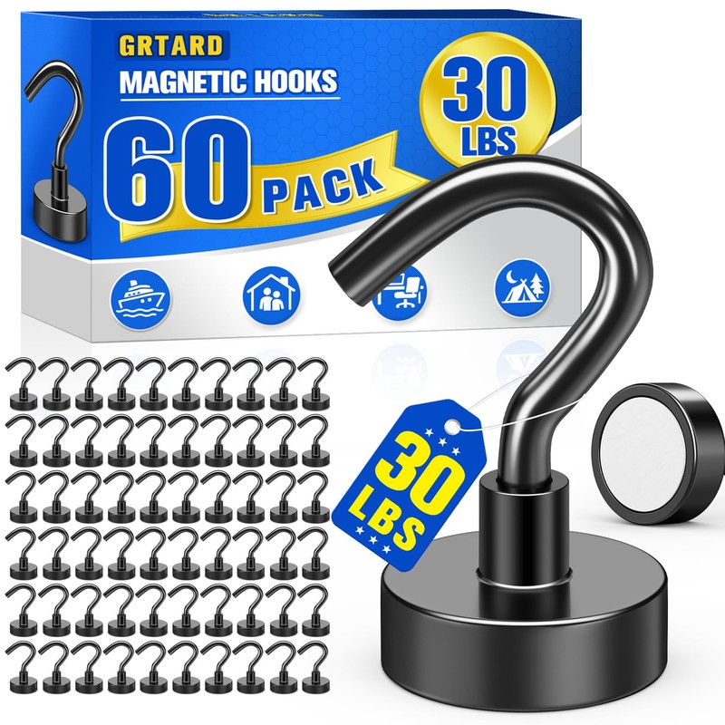 Grtard 60Pack Black Magnetic Hooks Heavy Duty, 30LBS Neodymium Magnet