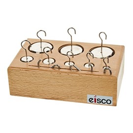 Brass Weight Set - 8 Weights & 3 Spare Hooks - with Wooden Storage Block - Eisco Labs